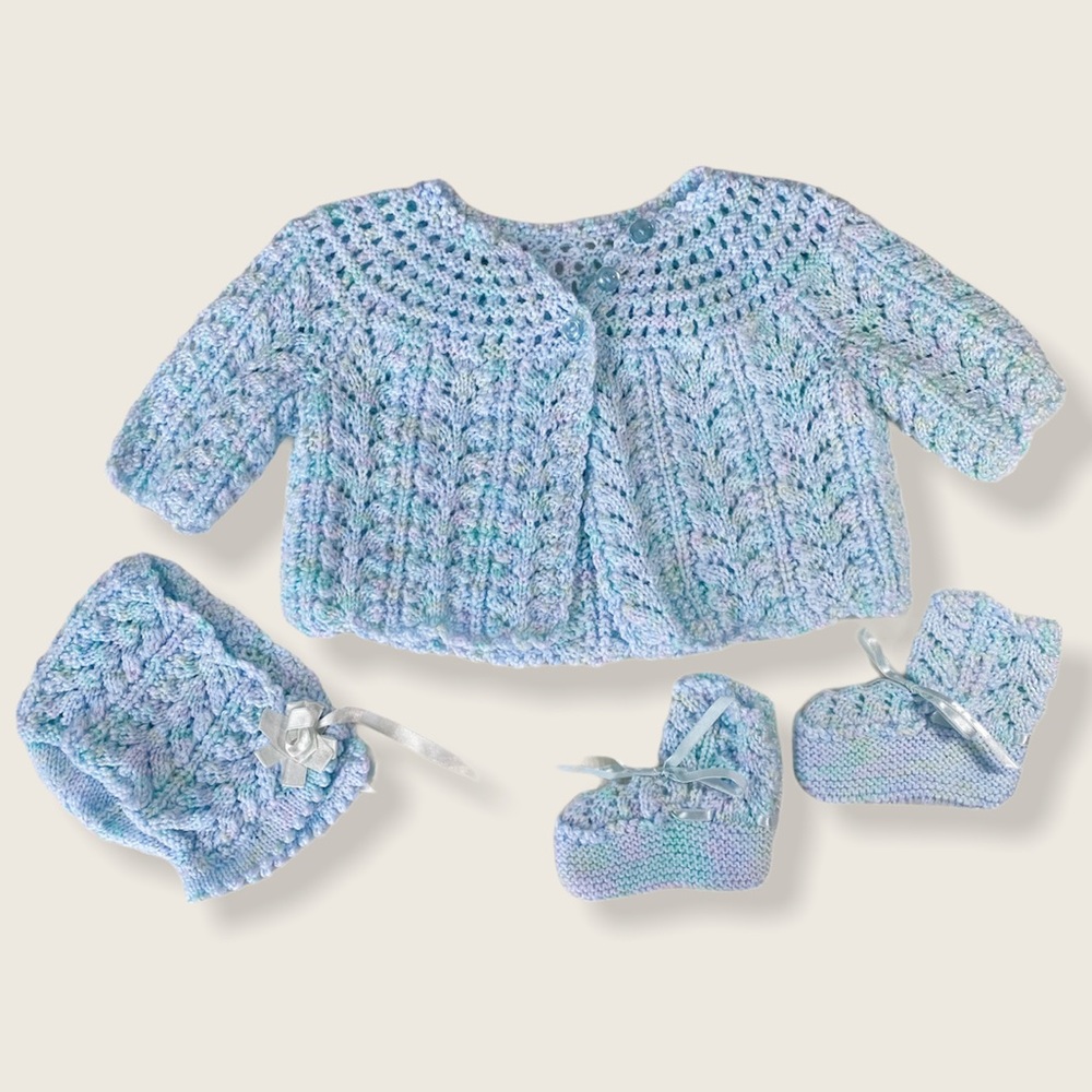 Hand Knit Baby 0-12M 3-Piece Set of Cardigan, Bonnet, and Booties